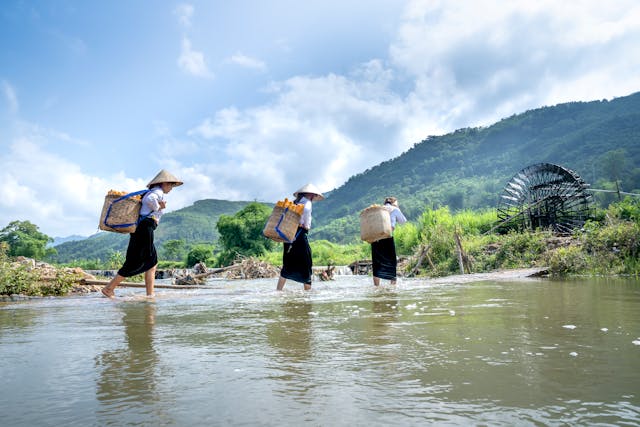 Three people wearing traditional hats and carrying baskets cross a shallow river with a lush, mountainous landscape and a large waterwheel in the background.