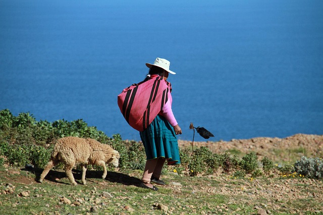 A woman dressed in traditional clothing walks along a rugged path near a vast blue lake, accompanied by a sheep.